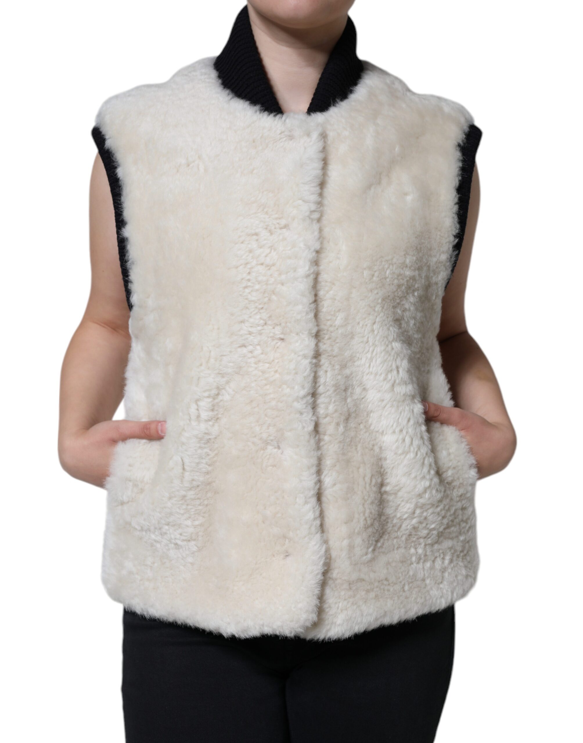 Burberry White WARRENFORD Shearling Leather Vest Coat Jacket - Image 2