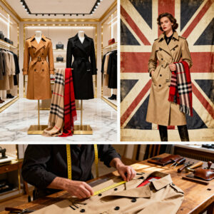 Luxury Burberry flagship store interior displaying honey and black trench coats with oversized check scarves