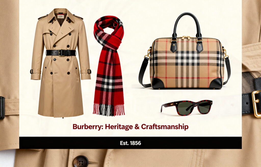 Burberry heritage trench coat, red check scarf, vintage check handbag and sunglasses on beige background with title text